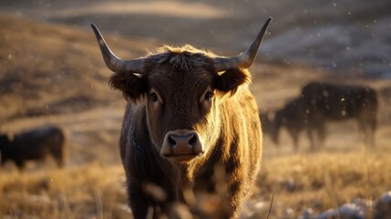 Poster - A captivating image of a brown cow with prominent horns in a gentle golden light during sunset : Generative AI