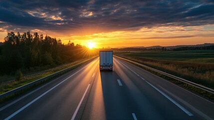 Poster - Scenic road view with a truck driving away into the sunset along an open highway : Generative AI