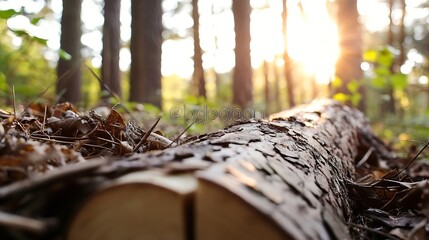 Poster - A serene view of a felled log in a sunlit forest creating a peaceful atmosphere and connection with nature : Generative AI
