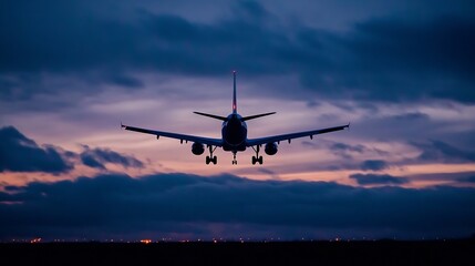 Poster - Commercial aircraft preparing to land elegantly against a stunning twilight sky at dusk : Generative AI