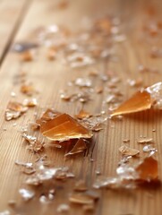 Fototapete - Scattered shards of broken amber glass on a warm wooden surface creating an artistic display : Generative AI