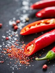 Aufkleber - Close up of spicy red chili peppers with sea salt and ground spices on dark background : Generative AI