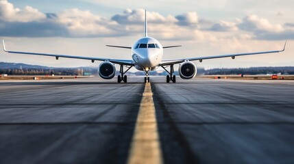 Poster - Focused view of a modern passenger airplane positioned on the runway ready for takeoff during daylight : Generative AI