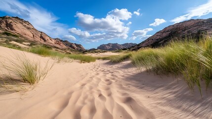 Poster - Serene desert landscape with rolling sand dunes and blue sky under fluffy clouds : Generative AI