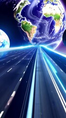 Wall Mural - vertical 9:16 A glowing, neon-lit highway stretches between floating planets, each connected by gravity-defying bridges. Energy orbs travel across the highway, leaving trails of light