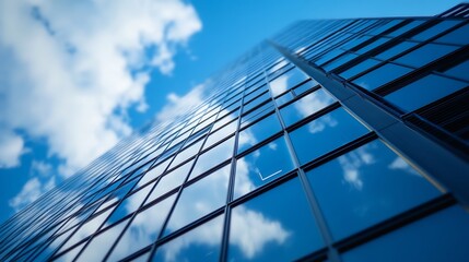 Aufkleber - Tall Modern Glass Skyscraper Against Bright Blue Sky with Reflections of Clouds : Generative AI