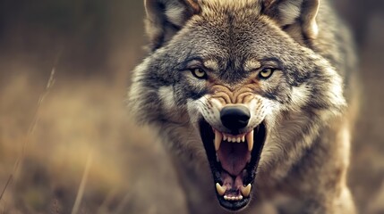 Poster - Intense wolf displaying fierce expression in a primal moment captured in natural surroundings : Generative AI