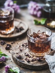 Poster - Rich dark drink with ice cubes on wooden platter surrounded by nature and flowers creating a cozy setting : Generative AI