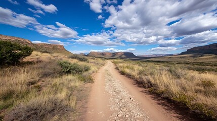 Poster - Beautiful Scenic View of a Rocky Mountain Trail Under a Blue Sky with Clouds : Generative AI
