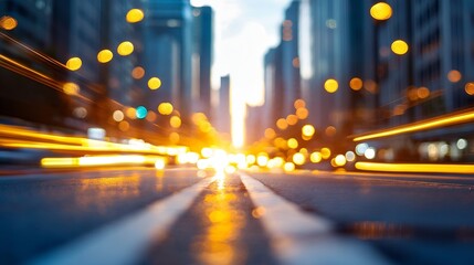 Poster - Dynamic cityscape view captured from street level showcasing glowing lights and a vibrant sunset : Generative AI