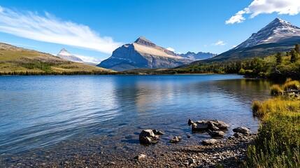 Poster - Breathtaking mountain view above a clear lake surrounded by green forests under a bright blue sky with white clouds : Generative AI