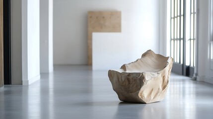 Poster - Artistic wooden chair set against a minimalist interior space with natural lighting : Generative AI