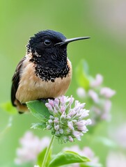 Poster - Captivating image of a tiny colorful hummingbird perched on delicate flower petals in a vibrant green garden : Generative AI