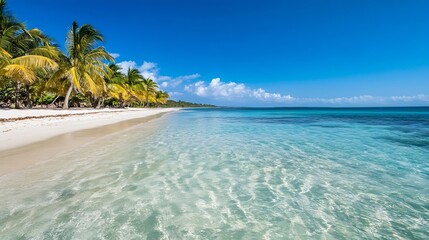Leinwandbilder - Beautiful tropical beach with clear turquoise water and vibrant palm trees under a sunny sky : Generative AI