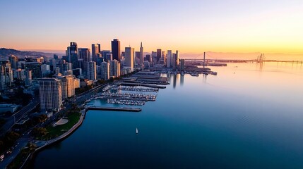 Poster - City skyline at sunset highlighting vibrant buildings and serene waterfront with marina and bridges in view : Generative AI