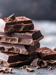 Aufkleber - Stack of rich dark chocolate bars sitting on a textured surface with a few broken pieces : Generative AI