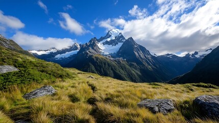Poster - Majestic mountain range with towering peaks surrounded by lush green grassland and bright sky : Generative AI