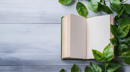 Poster - Open Book Surrounded by Fresh Green Leaves on a Wooden Surface : Generative AI