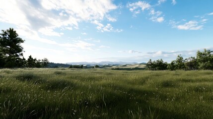 Poster - Lush green meadow with tall grass and distant rolling hills under a clear blue sky : Generative AI