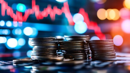 Leinwandbilder - Stacks of shiny coins on a table with blurred chart and lights representing financial growth or decline : Generative AI