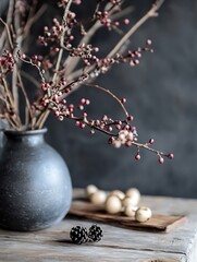 Poster - Stunning arrangement of branches with berries in a black vase on rustic wooden table : Generative AI