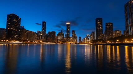 Poster - Vibrant city skyline at twilight reflecting on the calm waters with illuminated skyscrapers and gentle clouds : Generative AI