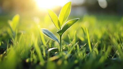 Poster - Newly sprouted green plant reaching for sunlight in a fresh morning garden : Generative AI