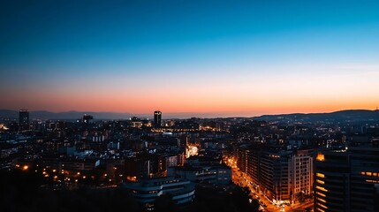 Poster - Vibrant city skyline at sunset showcasing urban lights and evening ambiance : Generative AI
