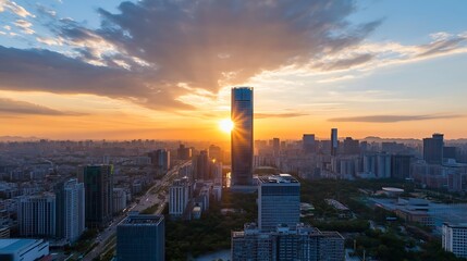 Aufkleber - Stunning sunset over a modern city skyline with clouds and buildings reflecting the warm golden light : Generative AI