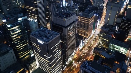 Poster - Breathtaking aerial shot of a vibrant city skyline illuminated by colorful lights at night : Generative AI