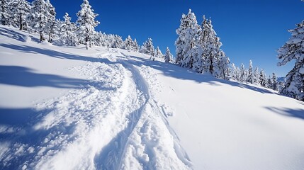 Aufkleber - Snowcovered mountain path with tire tracks leading through a winter wonderland of white and blue skies : Generative AI