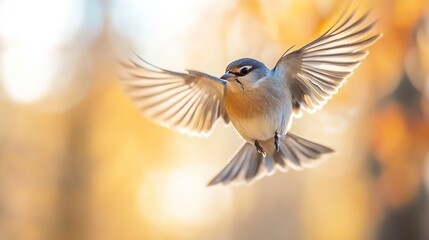 Poster - A beautiful bird gliding through the air against a backdrop of autumn foliage and softly blurred colors : Generative AI