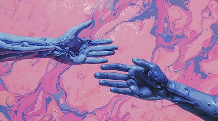 Aufkleber - Two hands reaching out in a surreal landscape. The hands are painted in a vivid blue against a pink background. This artistic style conveys connection and creativity. AI