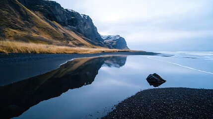 Poster - Scenic view of a serene beach landscape with cliffs and black sand reflecting calm waters under a cloudy sky : Generative AI