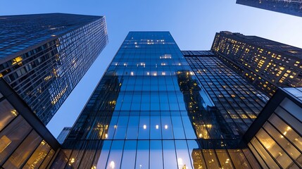 Poster - Stunning View of Modern Skyscrapers Reflecting City Lights Against a Night Sky : Generative AI
