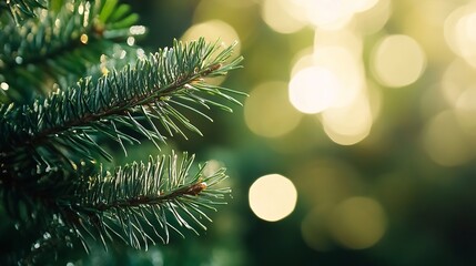 Poster - Close up of pine tree branches with soft bokeh effect in the background during sunset : Generative AI