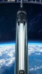 Wall Mural - vertical 9:16 A massive space elevator rises from Earth, piercing through thick clouds into the starry void. Glowing light panels run up its length, creating a surreal futuristic sci-fi aesthetic