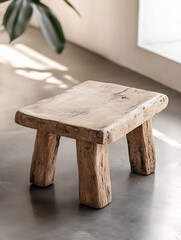 Poster - Rustic wooden stool with thick legs sitting on a smooth floor in a minimalist setting : Generative AI