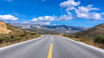 Aufkleber - Winding rural road stretching into the horizon with stunning mountain scenery and bright blue sky : Generative AI