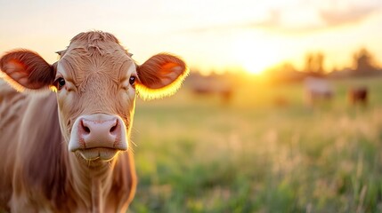 Aufkleber - Calm and serene image of a curious cow gazing into the camera during sunrise in a stunning rural landscape : Generative AI