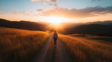 Aufkleber - A person walking on a gravel path through golden grass at sunset with mountains in the background : Generative AI