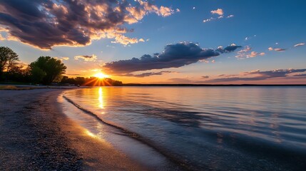 Leinwandbilder - Stunning Sunset Over a Calm Lake with Glowing Reflections and Dramatic Clouds : Generative AI