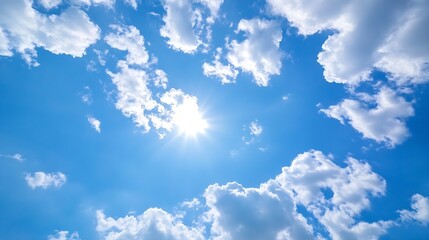 Poster - Bright Blue Sky with Fluffy White Clouds and Radiant Sunlight Creating a Joyful Atmosphere : Generative AI