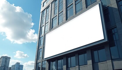 Poster - Billboard banner mock up on building exterior. Blank large advertising space for branding, promotion, marketing message. City urban landscape, sky background, commercial display.
