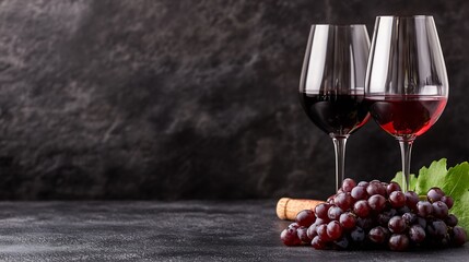 Aufkleber - Elegant wine glasses filled with red wine alongside fresh grapes on a dark textured surface : Generative AI