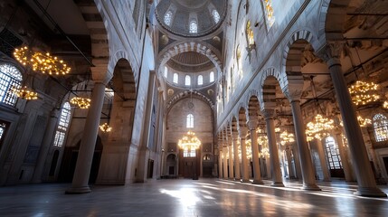 Aufkleber - Magnificent Interior of Historical Mosque Featuring Elaborate Chandeliers and Grand Architecture : Generative AI