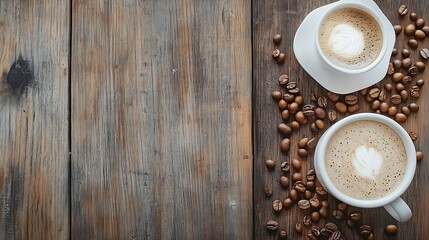 Aufkleber - Warm coffee cups surrounded by roasted beans on a rustic wooden table : Generative AI