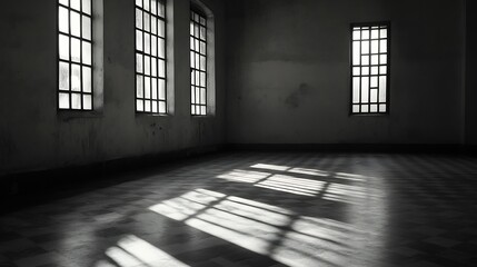 Leinwandbilder - Dimly lit room with windows casting shadows on the bare floor : Generative AI