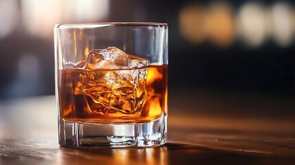 Aufkleber - Refreshing Glass of Whiskey with Ice Cubes in a Stylish Bar Setting : Generative AI