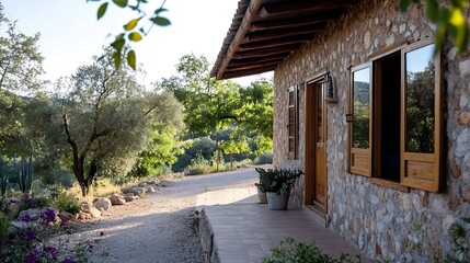Aufkleber - Charming Stone House Nestled in Lush Green Nature with Beautiful Garden : Generative AI